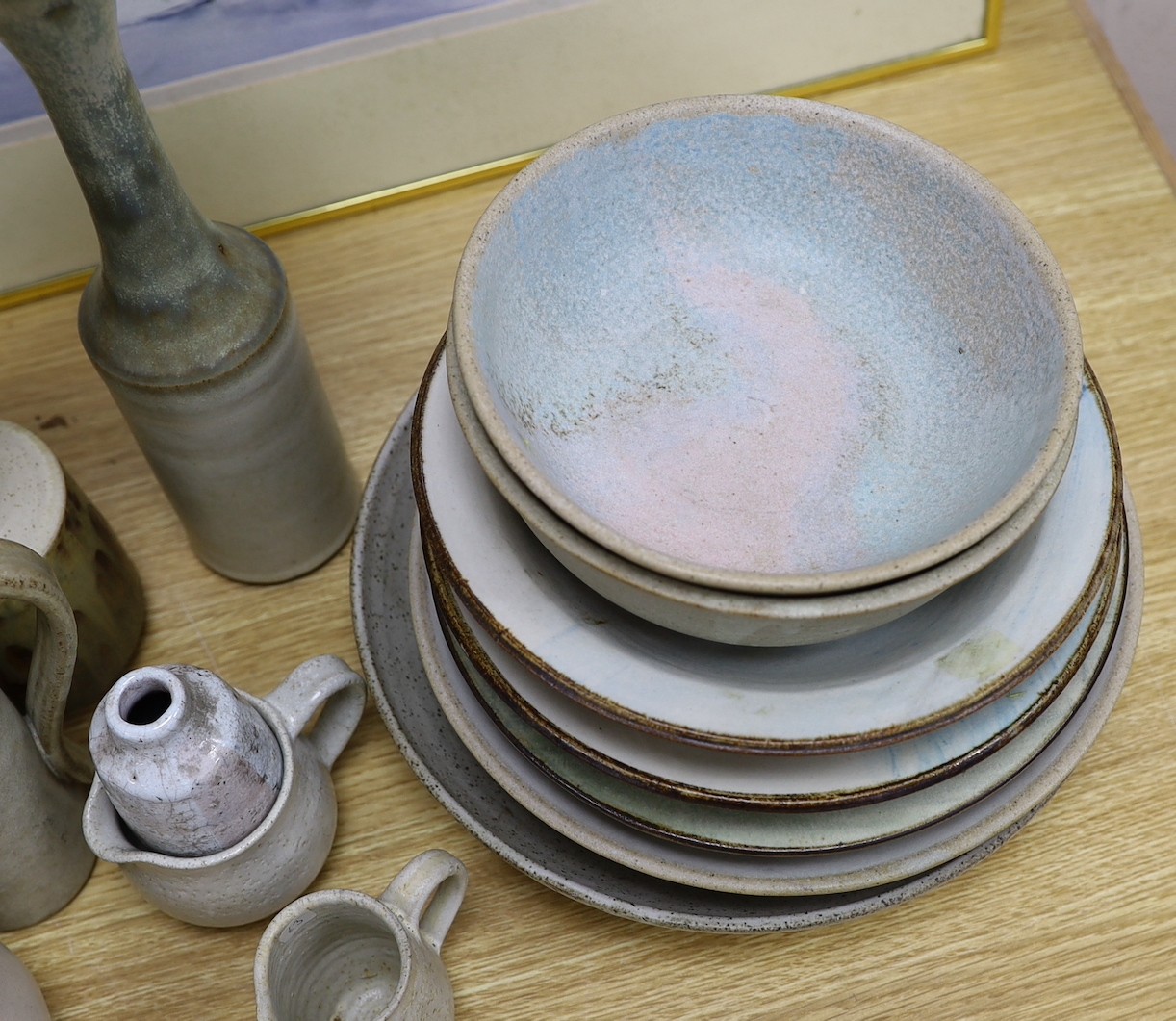 A collection of studio pottery tall stemmed vases and dishes and bowls, The majority by Susan Threadgold tallest 33cm